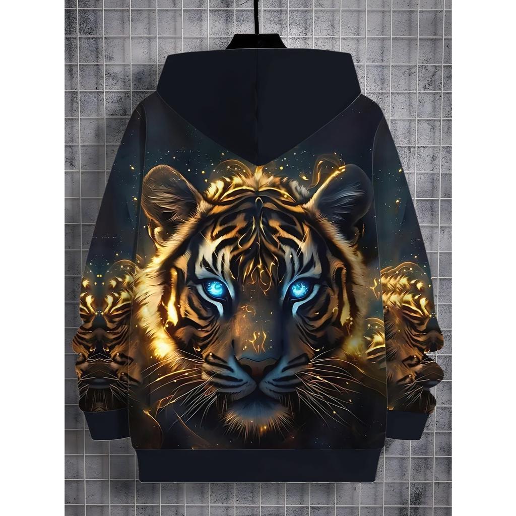 3D Digital Printed Fantasy Tiger Cool Pattern Hooded Sweatshirt, Fashionable and Trendy Casual Children's Clothing, Suitable for Boys To Go Out