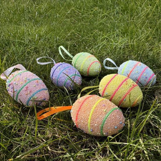 6Pcs Easter Eggs with Hanging String Foam Hanging Ornaments Striped Colorful Decoration for Easter Tree Home Party And Spring Crafts