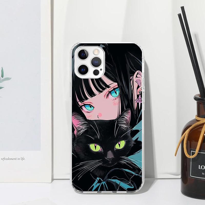 Anime Girls Cute Black Cat Phone Case For Iphone 17 Air 16 15 Plus 16E 14 Pro Max 13 Mini 12 11 7 8 SE Fundas Soft Back Cover 17