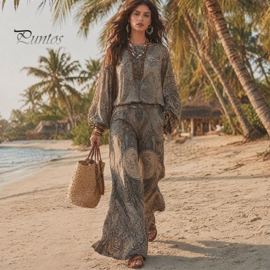 Atmungsaktive Stoffkleidung Boho-Print 2-teilige Sets für Damen, Lässiges Langarm-Oberteil Figurschmeichelndes Outfit für Birnenform, Weite Hosen Passende Sets, Sommer