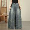 DIMANAF 2026 Summer New Plus Size Women Jeans Elastic Waist Long Pants Print Loose Casual Denim Cotton Trousers
