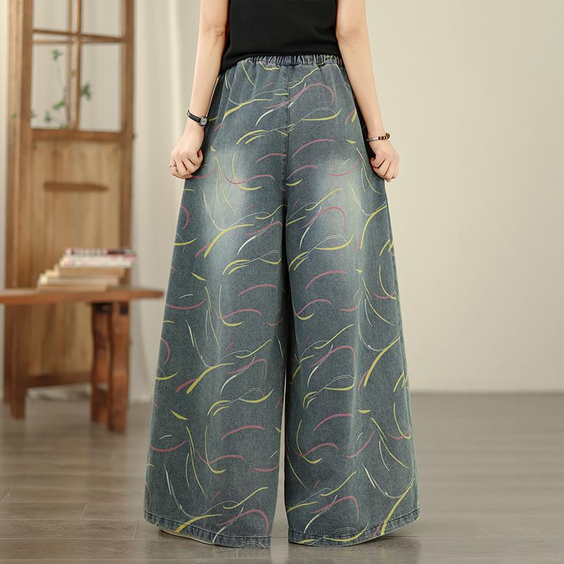 DIMANAF 2026 Summer New Plus Size Women Jeans Elastic Waist Long Pants Print Loose Casual Denim Cotton Trousers