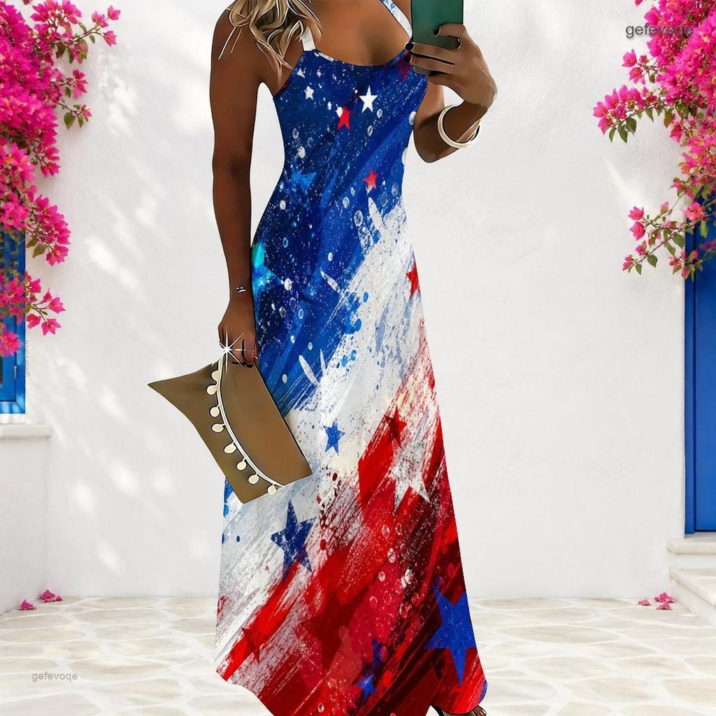 Women Plus Size Scoop Neck Strappy Sleeveless A Line White Red Printed Maxi Dress