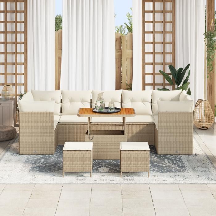 VidaXL Ensemble de Canapés de Jardin 10 Pièces avec Coussins Beige Poly Rotin Acacia 3361471