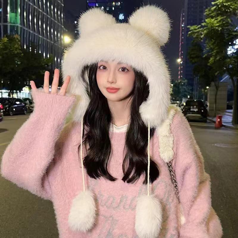 Women's Plush Bear Ear Hat: Cute, Thickened, Fox Fur, Wind & Snowproof Ear Protection