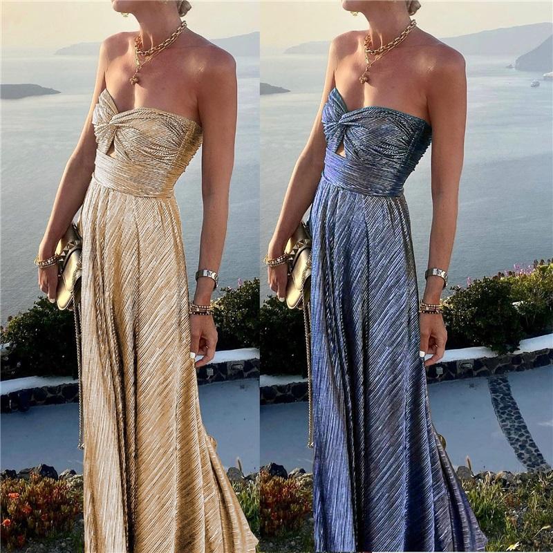 Ladies Summer New Sexy Chest Wrapped Bronzing Party Dress Solid Color Elegant Casual Big Swing Decoration Design Long Skirt