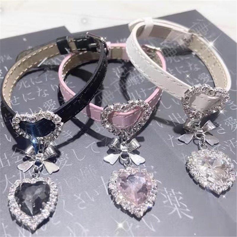 Original Y2k leather bow love rhinestone pendant bracelet subculture cute fashion high sense