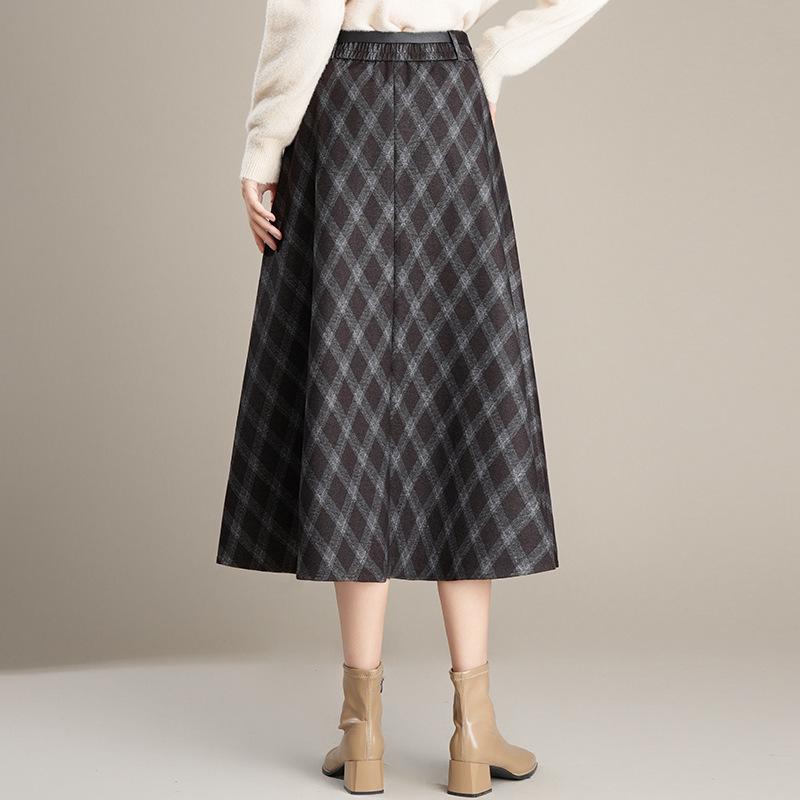 Women's High-Waist Woolen Plaid A-Line Skirt - Autumn/Winter 2025 Collection