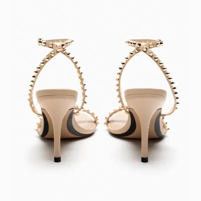 Fashion Luxury Designer Rivet Embellished Thin Heeled Sandals Women Summer Sexy Pointed Toe Ankle Strap High Heels Elegant Party Shoes