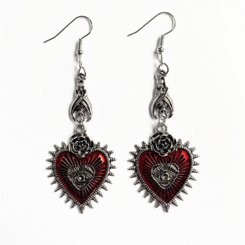 Gothic Punk Red Rose Wings Heart Earrings