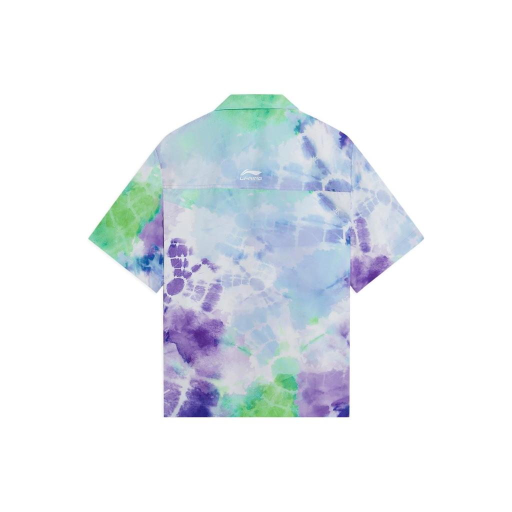 Li-Ning Summer Party Tie-Dye Logo Print Button-Down Collar Short Sleeve Shirt Men Tops Rhodamine-Purple ASHS889-1