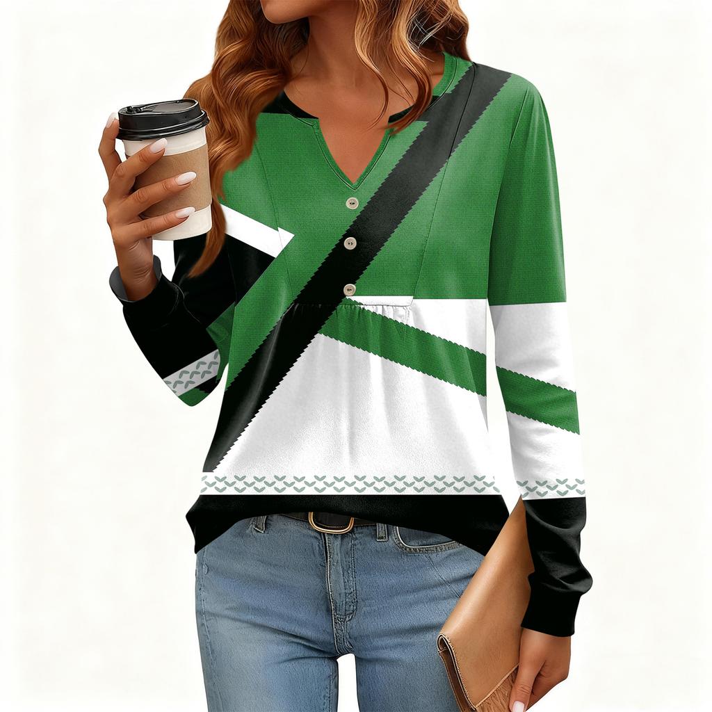 Women's Relaxed,Fit V,Neck Vintage Color,Blocked Floral Print Long,Sleeve Pullover Tee