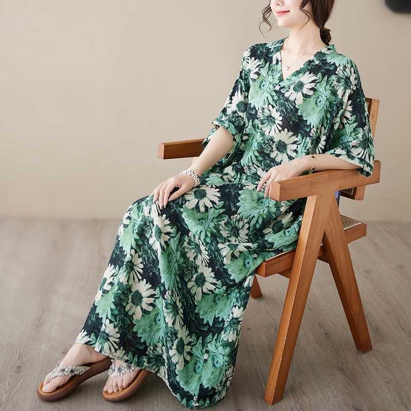 V-neck Thin Plus Size Loose Vintage Cover-up Long Dress