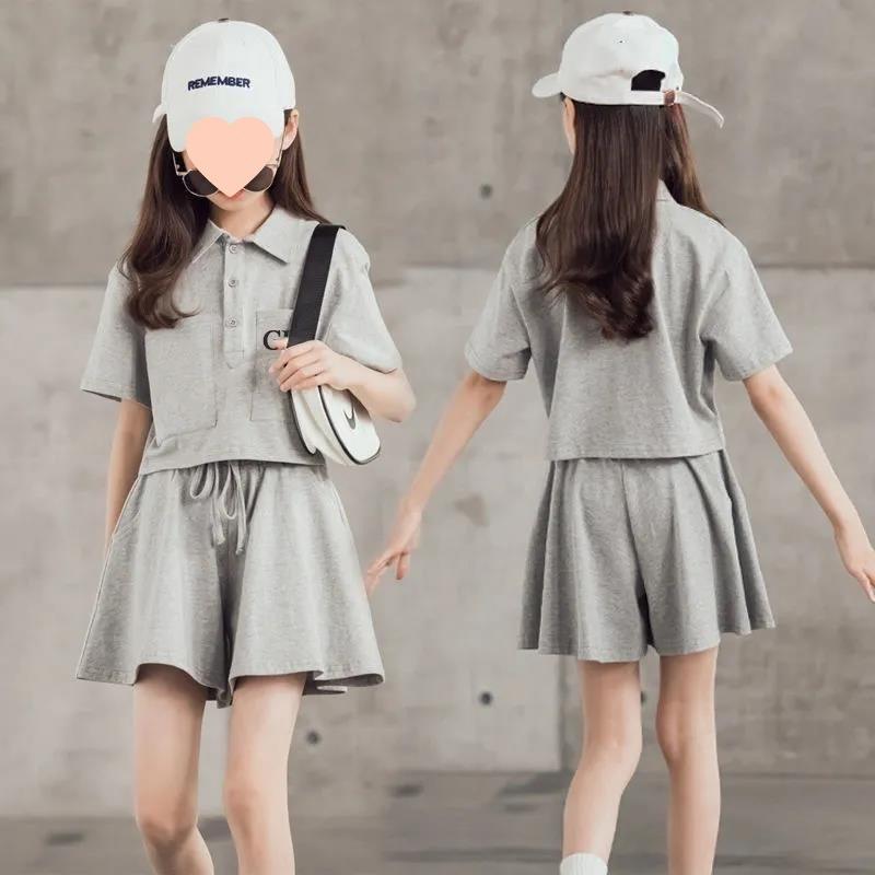 

Летний корейский костюм для девочек, детский модный костюм из двух частей с короткими блузками и шортами в западном стиле 160 серый