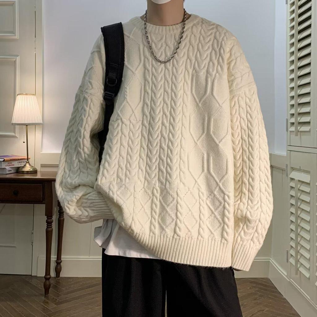 Men's Trendy Japanese Twisted Knit Sweater - Loose, Thickened, Round Neck for Autumn/Winter.