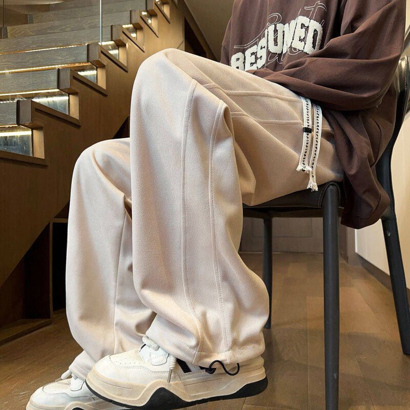 Fang Shaonan's White Casual Drawstring Straight-Leg Pants from the Trendy Brand Goodbai, Loose Wide-Leg Pants for Men