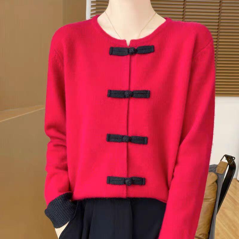 

Женский кардиган с круглым вырезом и длинными рукавами, пряжкой-диском, свободный и тонкий шерстяной контрастный повседневный трикотажный топ XL