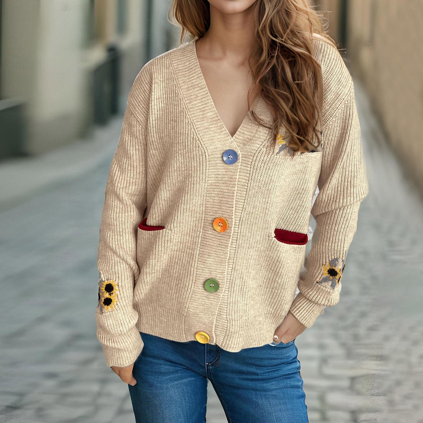 

Цветочная вышивка вязаный свитер V-образный вырез контрастного цвета женский свитер повседневное универсальное пальто S хаки