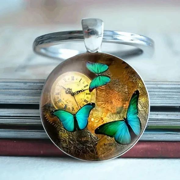 

Key Ring Clock Retro Butterfly Time Gemstone Keychain One Size