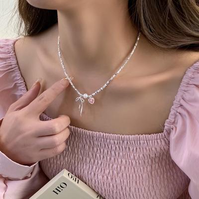 Women's Pink Bow Heart Necklace - Simple, Fashionable, Versatile Clavicle Chain, Creative & Trendy Style