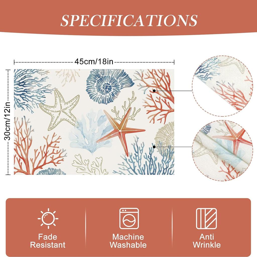 Bonhause Nautical Coastal Placemats Set of 4, 12x18 Inch Ocean Themed Starfish Coral Beach Kitchen Dining Table Mats Washable Place Mats for Indoor
