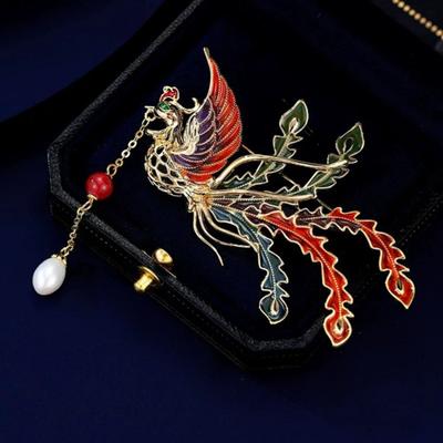 Yousheng Brooch Retro Style Phoenix Design Lapel Pin with Faux Pearl Tassel Sweaters Collars Hats Bags Coats Scarves Badge Outfit