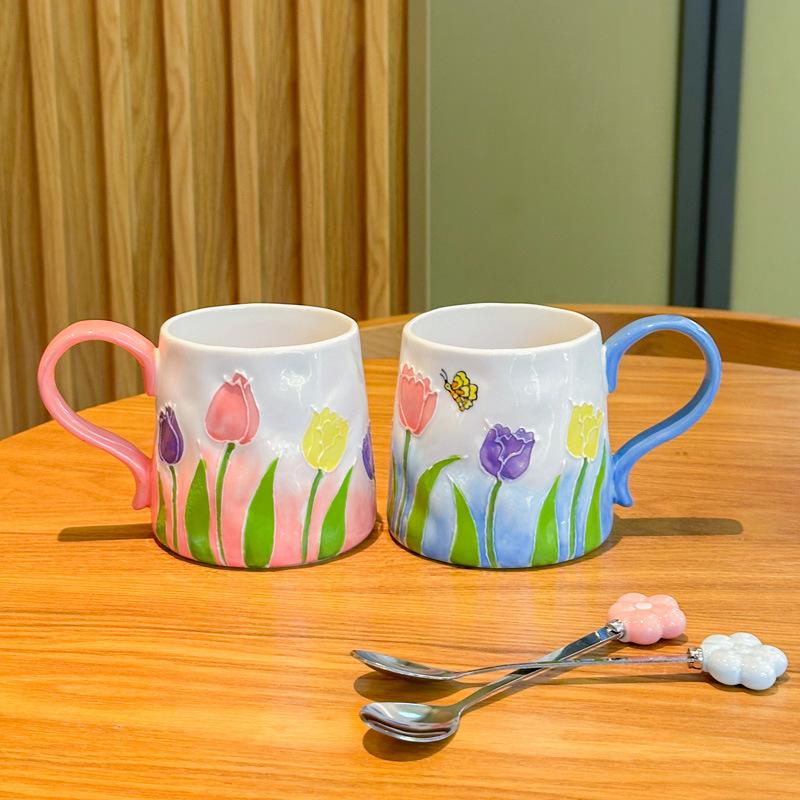 Girls Heart Ins Wind Hand-painted Tulip Ceramic Cup Girls Senior Sense Souvenir Couple Flower Mug