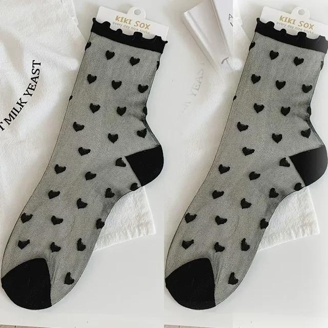 1/2 paia Calzini Neri Trasparenti Donna Estate Elastici Cuore Seta Calza Cristallo Caviglia Pizzo Arricciato Sox Grembiule JK Calzino Corto