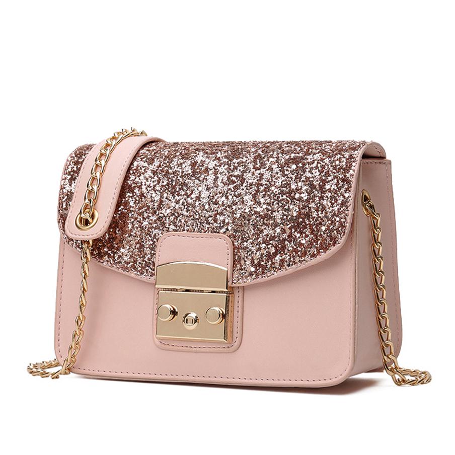 

Женщины Блестки Декор PU Кожа Мессенджер Сумка Цепь Ремень Плечо Свадебные аксессуары