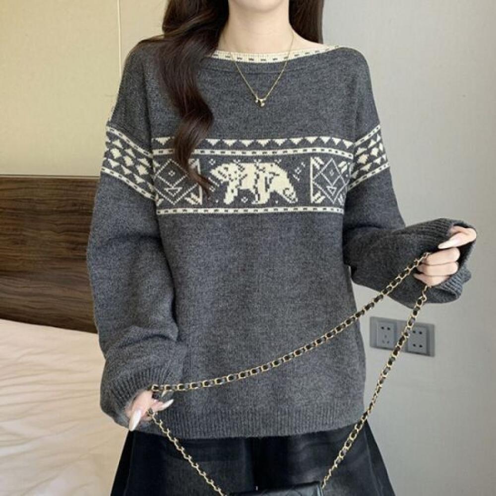 Navava Cozy Nordic Pattern Bear Jacquard Long Sleeve Knit Nk3208