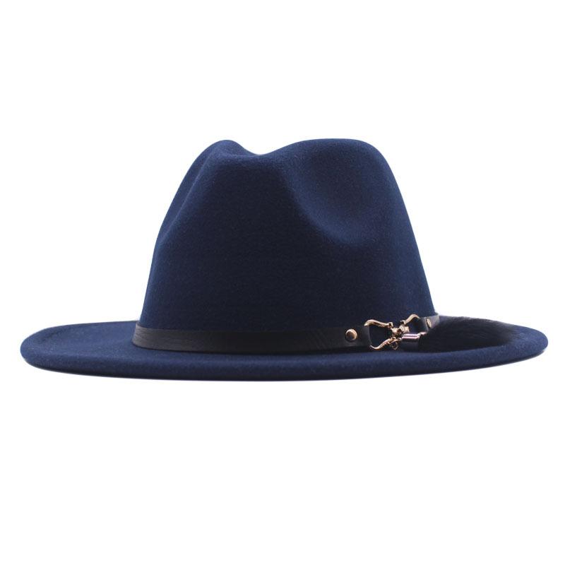 Autumn and winter woolen top hat British style classic flat edge jazz hat fashionable versatile women's hat metal buckle feather hat