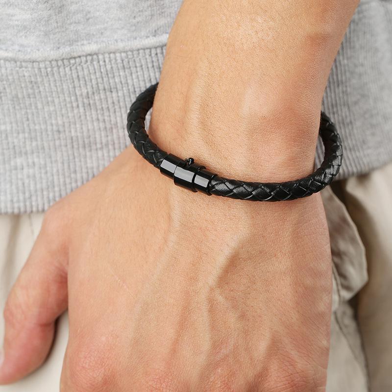 Men's Genuine Leather Woven Bracelet with Black Magnetic Buckle