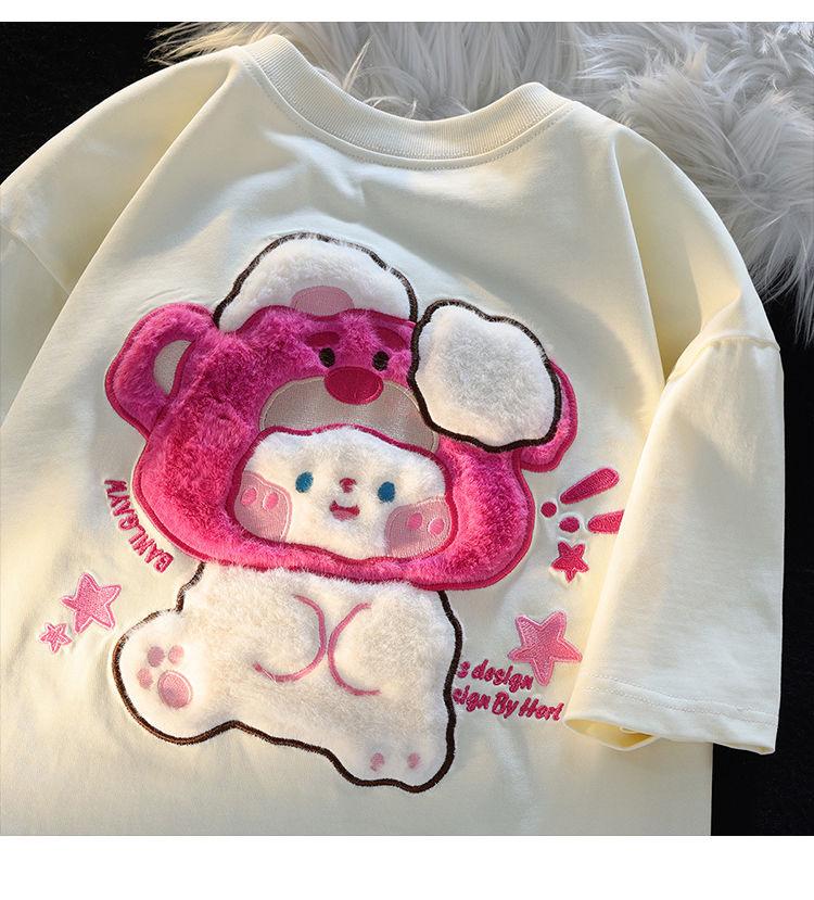 Women's Summer Bear & Rabbit Cotton T-shirt - Short-Sleeve, Loose Fit, Trendy Design