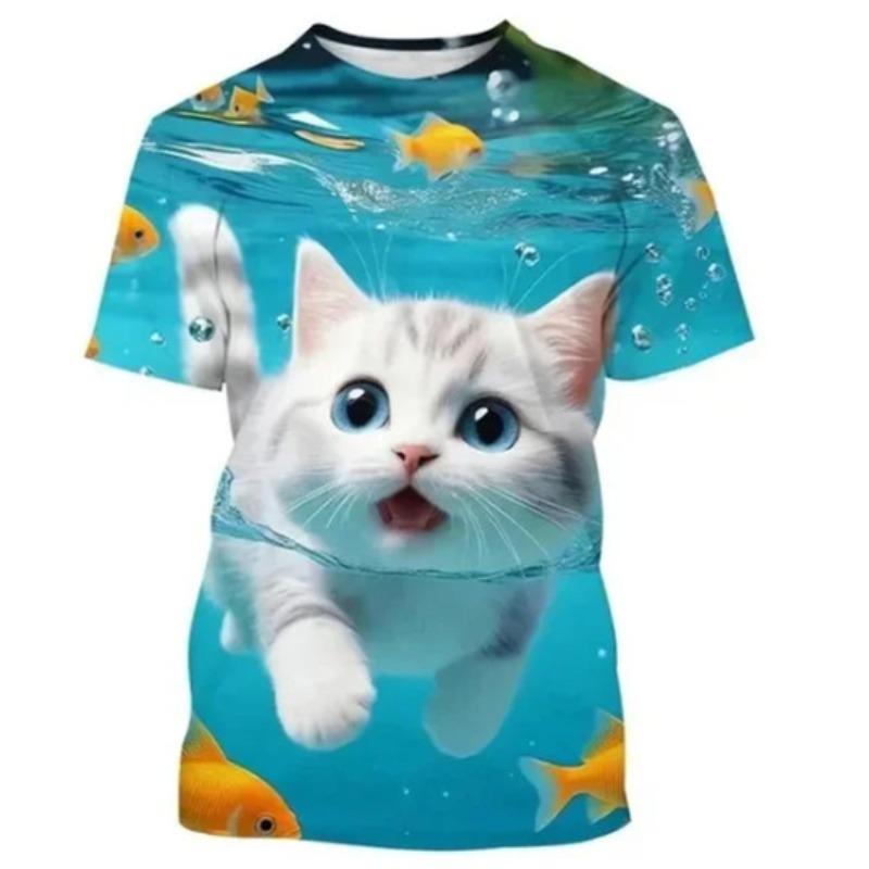 Summer 3D Cat Fashion Printed T-shirt Cute Animal Theme Men Women Casual Comfortable Short Sleeved Round Neck T-shirt