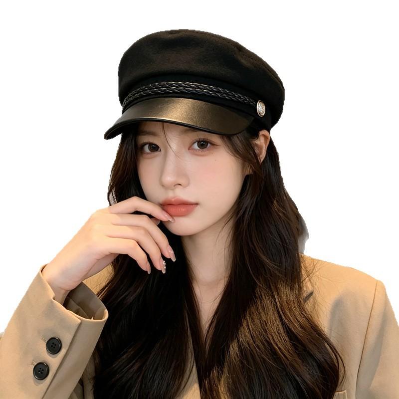 Korean Leather Beret Children Spring Student Cute Versatile Pu British Style Octagonal Hat Pumpkin Hat