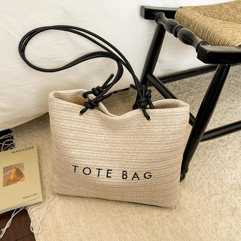 

Summer Letter Straw Woven Shoulder Bags for Women Large Capacity Vacati Crossbody Tote Simple Travel Portable Female Handbag бежевый