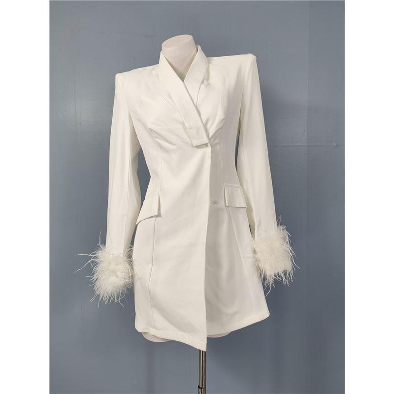 

Export Single Stylish Fashion Ol Work Clothing Furry Long Sleeves Easiest for Match Black and White Elegant Breasted Waist-Tight Slimming Suit Outwear White L(12)