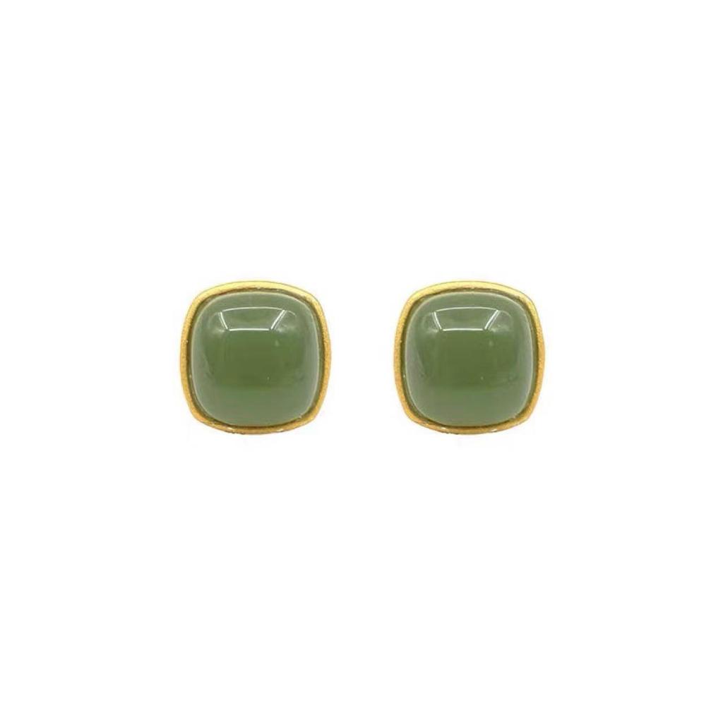 Gold-Plated Imitation Hetian Jasper Square Stud Earrings - Simple, Fashionable Women's Light Luxury Jewelry