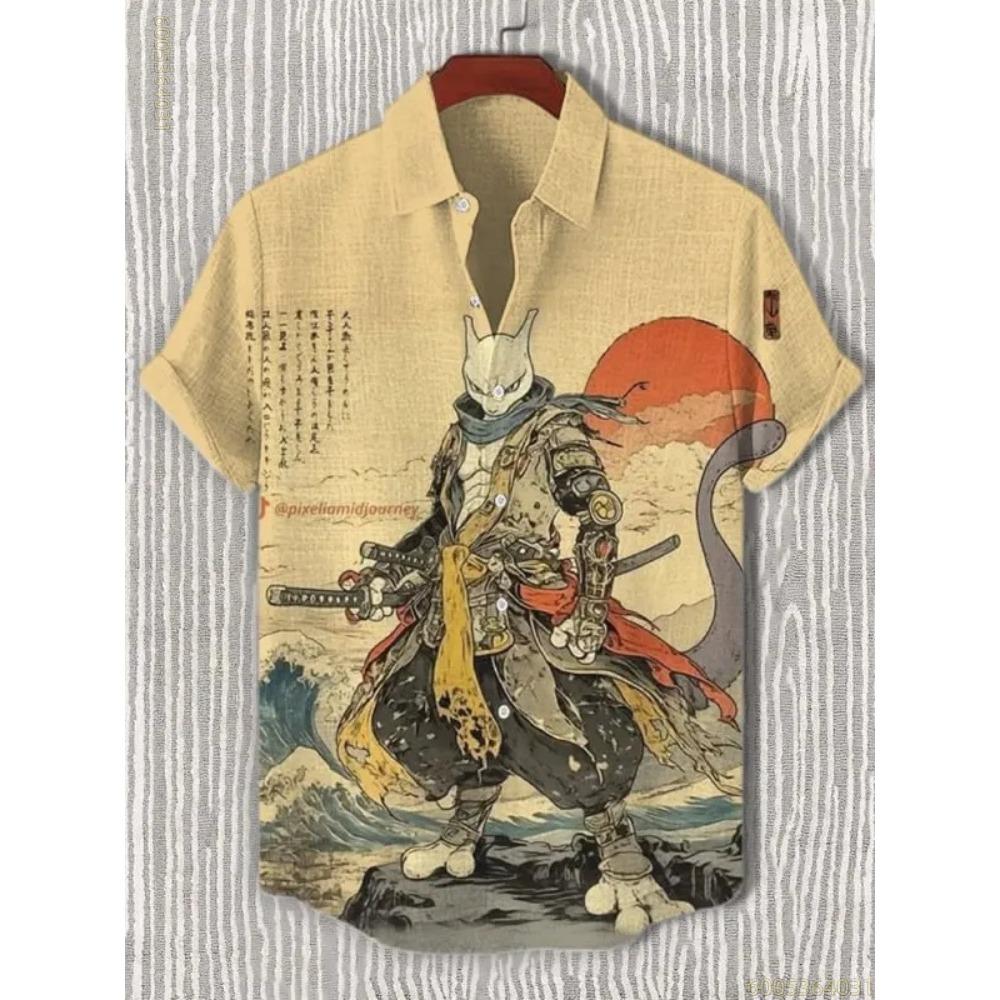 Men's Short-sleeved Shirt with Black Cat Riding a Shark Print, Hawaiian Style, Suitable for Outings, Parties, and Casual Wear.