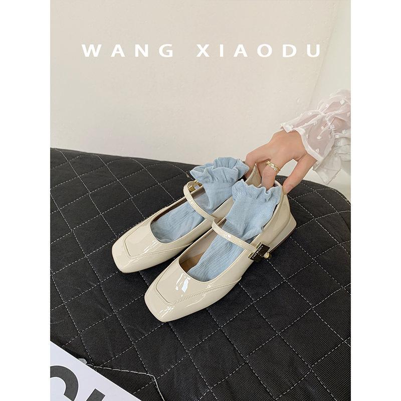 Sheepskin Version~ Metal Buckle Miu Shoes Square Head Mary Jane Shoes Women's French Gentle Commuting Red Thick Heel Single Shoes