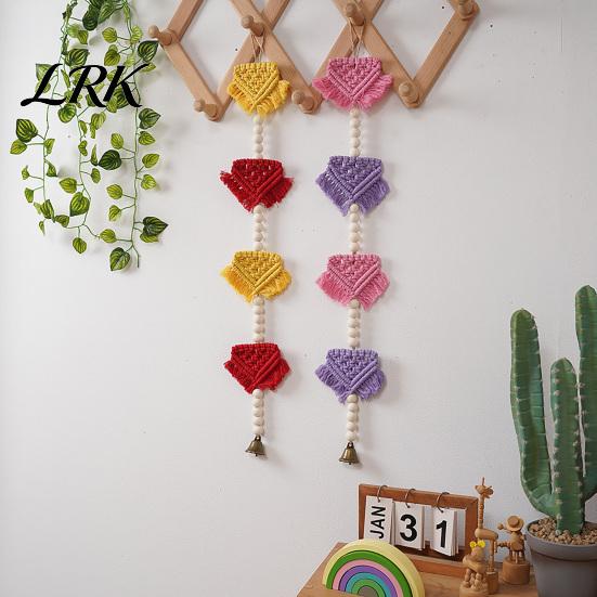 Bohemian Wall Art Braided Triangles Tapestry with Bell, Hanging Geometric Tapestry, Knotted Rope Soft Color Wooden Beads for Home Nursery Bedroom