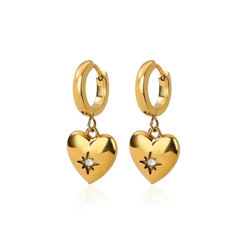 Luxury Zircon Heart Star Earrings For Women Gold Color Stainless Steel Heart Drop Earring Fashion Aesthetic Christmas Jewelry
