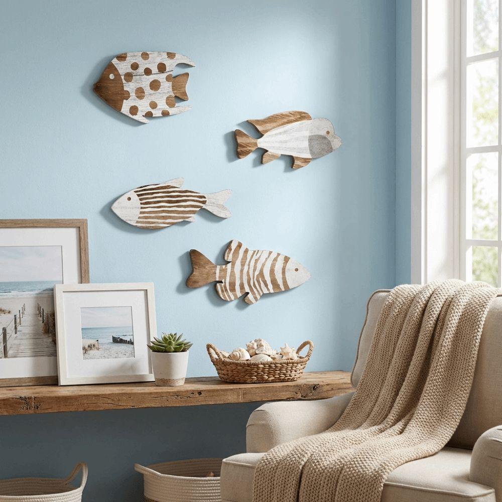 Drewniana ryba w stylu marynistycznym Dekoracja ścienna Motyw oceaniczny Marynistyczna sztuka ścienna Ryba wiszący dekor Sztuka do łazienki