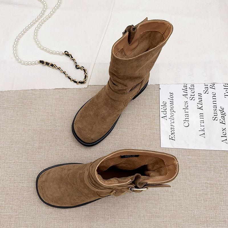 

Vintage suede pleated pile boots women s 2025 autumn new British style belt buckle short boots western Martin boots 40