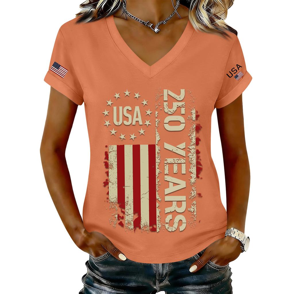 Women's Fashionable V-Neck Casual Retro Print Short Sleeved T-shirt Top
