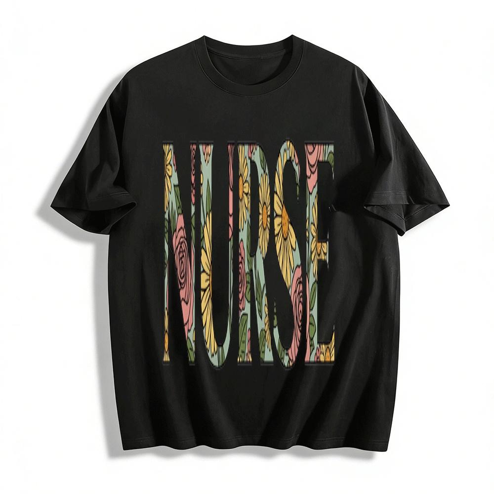 Floral Print Nurse Graphic Tee Casual Short Sleeve Nursing Top Pure cotton T-shirt XXS