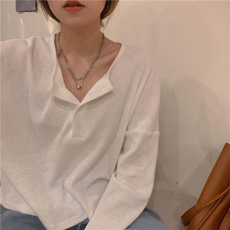 Long Sleeve T-shirts Women Elegant Simple Pure Button Design Retro Ins Autumn Ladies Tees Top All-match BF Style Mujer Clothes