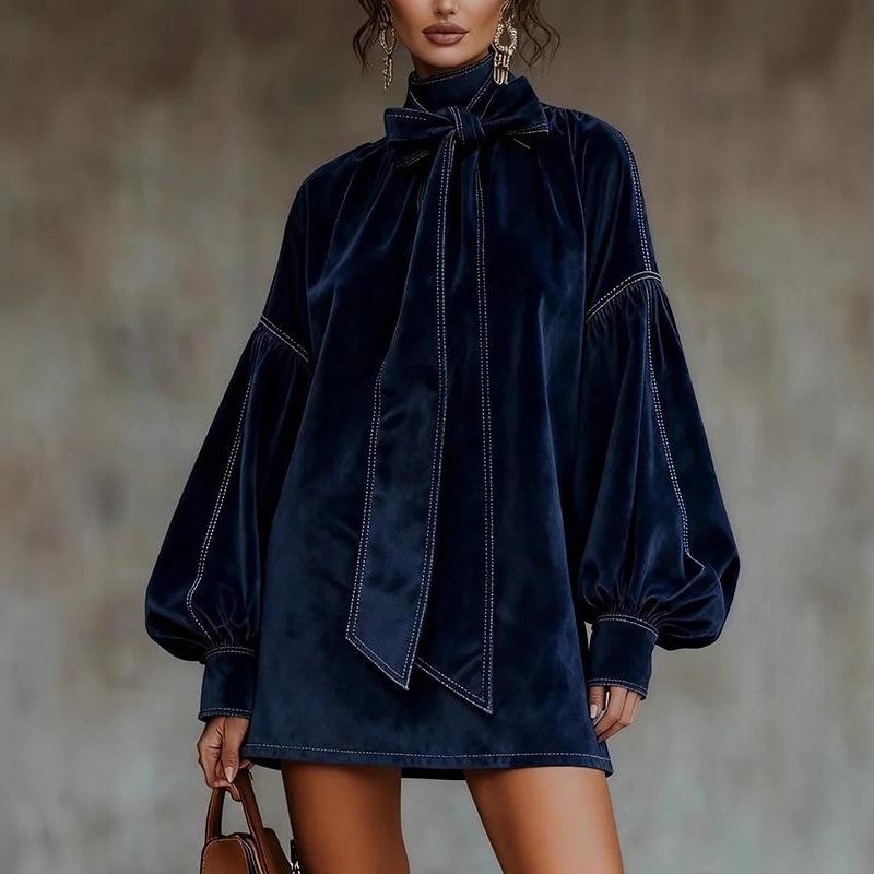 2025 Velvet High-Neck Mini Dress with Bow and Puff Sleeves