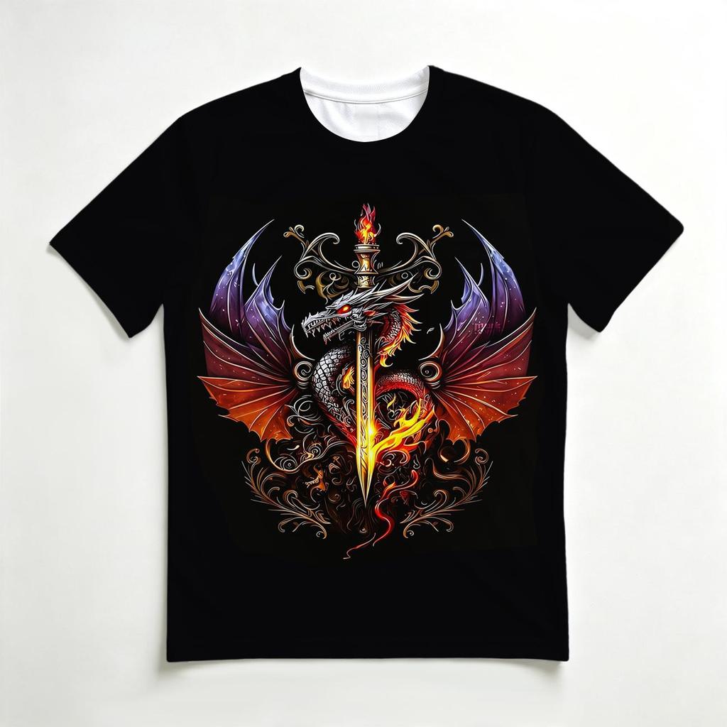 Men's Casual Short-Sleeve T-Shirt - Dragon and Sword Print - Breathable and Comfortable - Suitable for Summer Outdoor Sports and Home Gatherings
