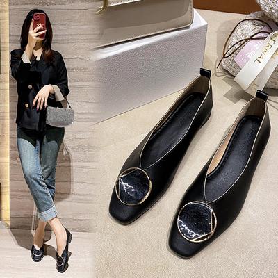 Fashion Shallow Mouth Single Shoes Women's 2024 New Retro Buckle Low Heel Flat Shoes Square Headed Soft Leather Mary Jane Shoes